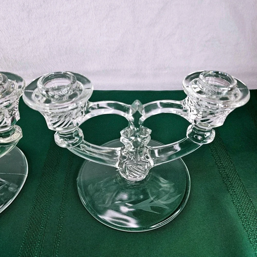 Pair Vintage Etched Glass Taper Candle Holders Double Arm Candelabra Crystal‎